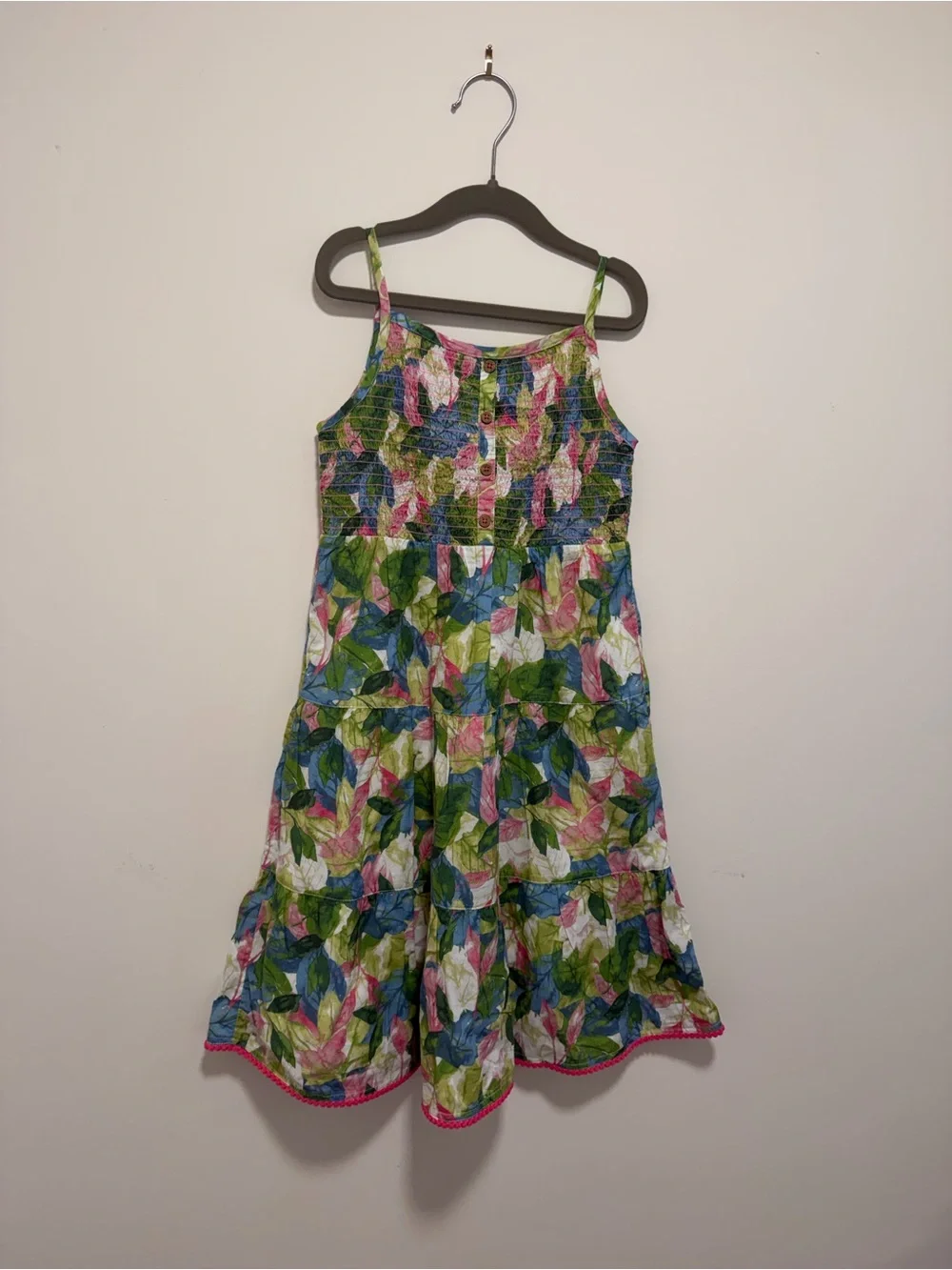 Fat Face Girls' Leaf Print Smocked Sundress in Green & Pink & Blue